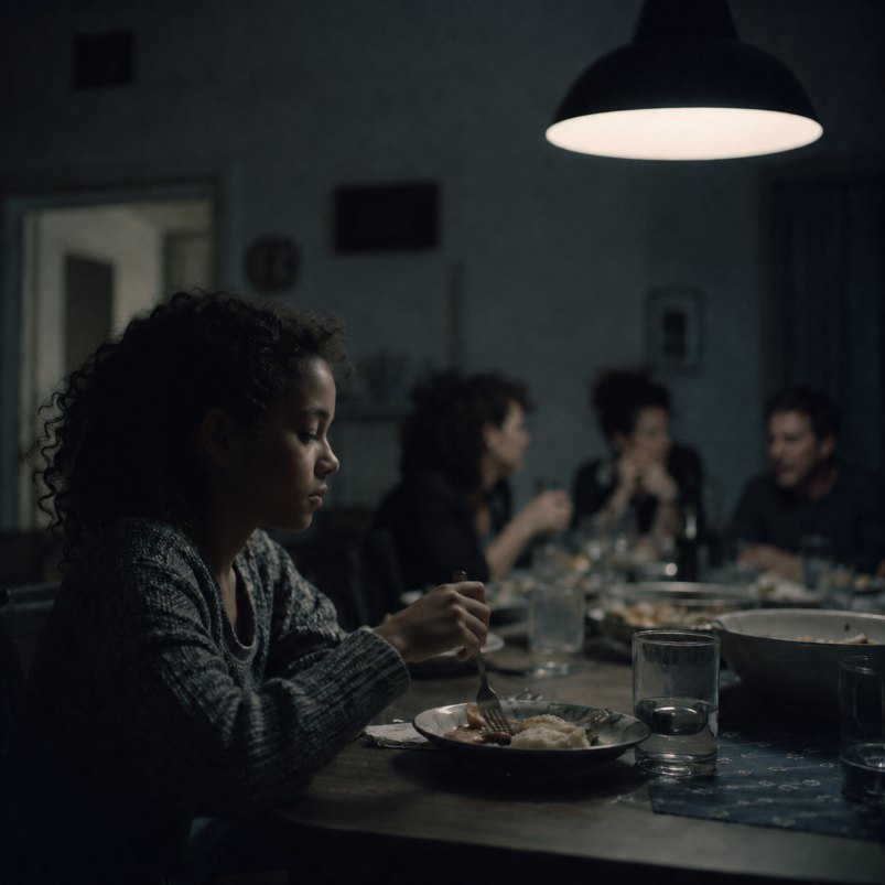 Enfant à table, en retrait du repas de famille
