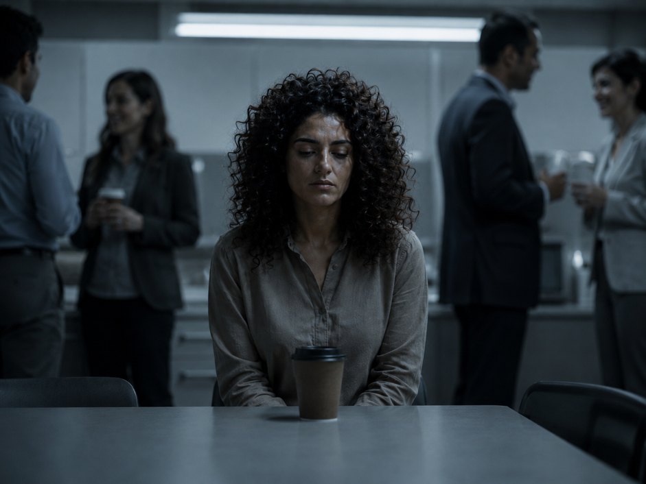 Femme seule avec son café dans la salle de pause
